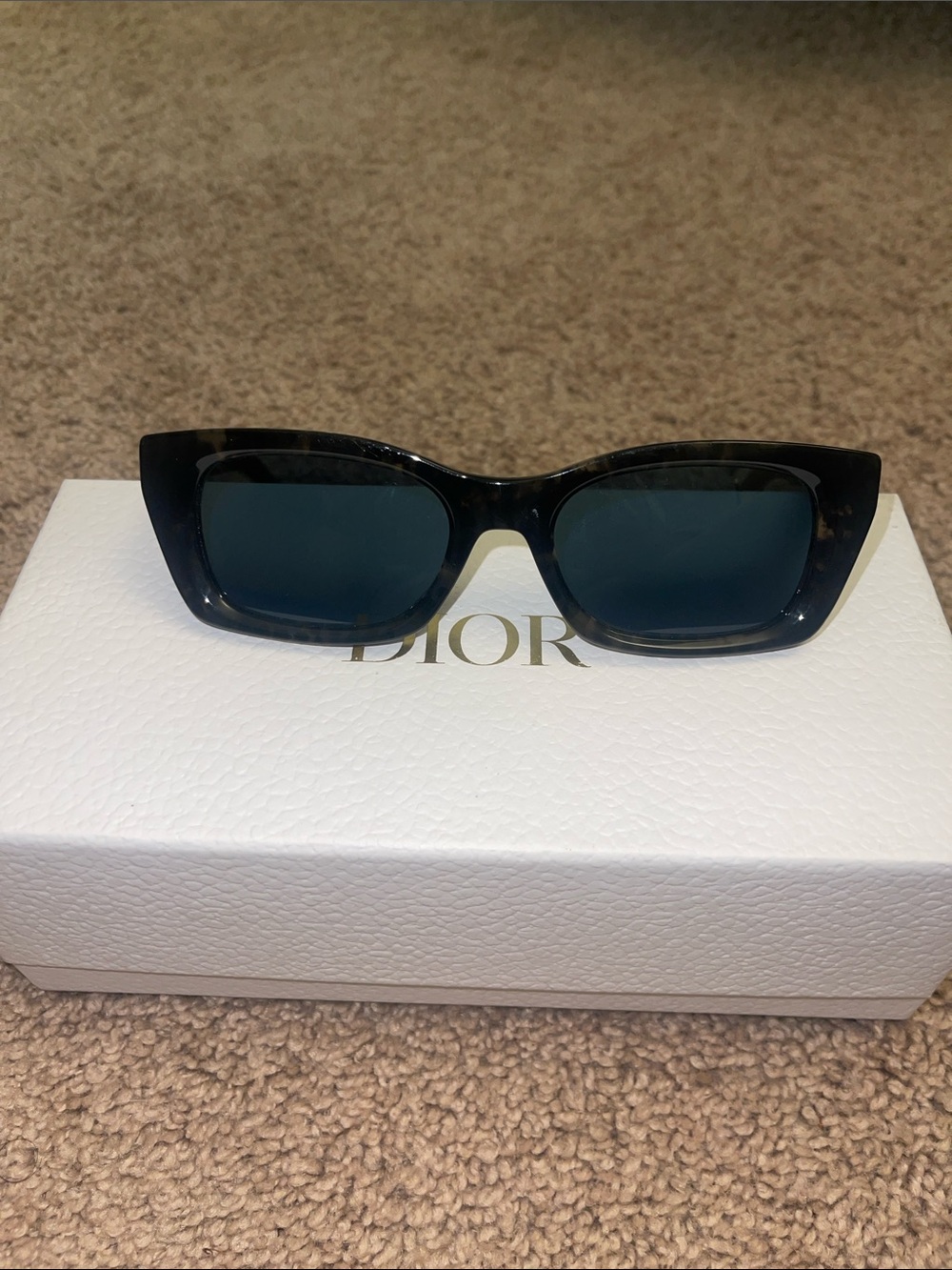 Dior Black Rectangular Sunglasses with Blue Lenses